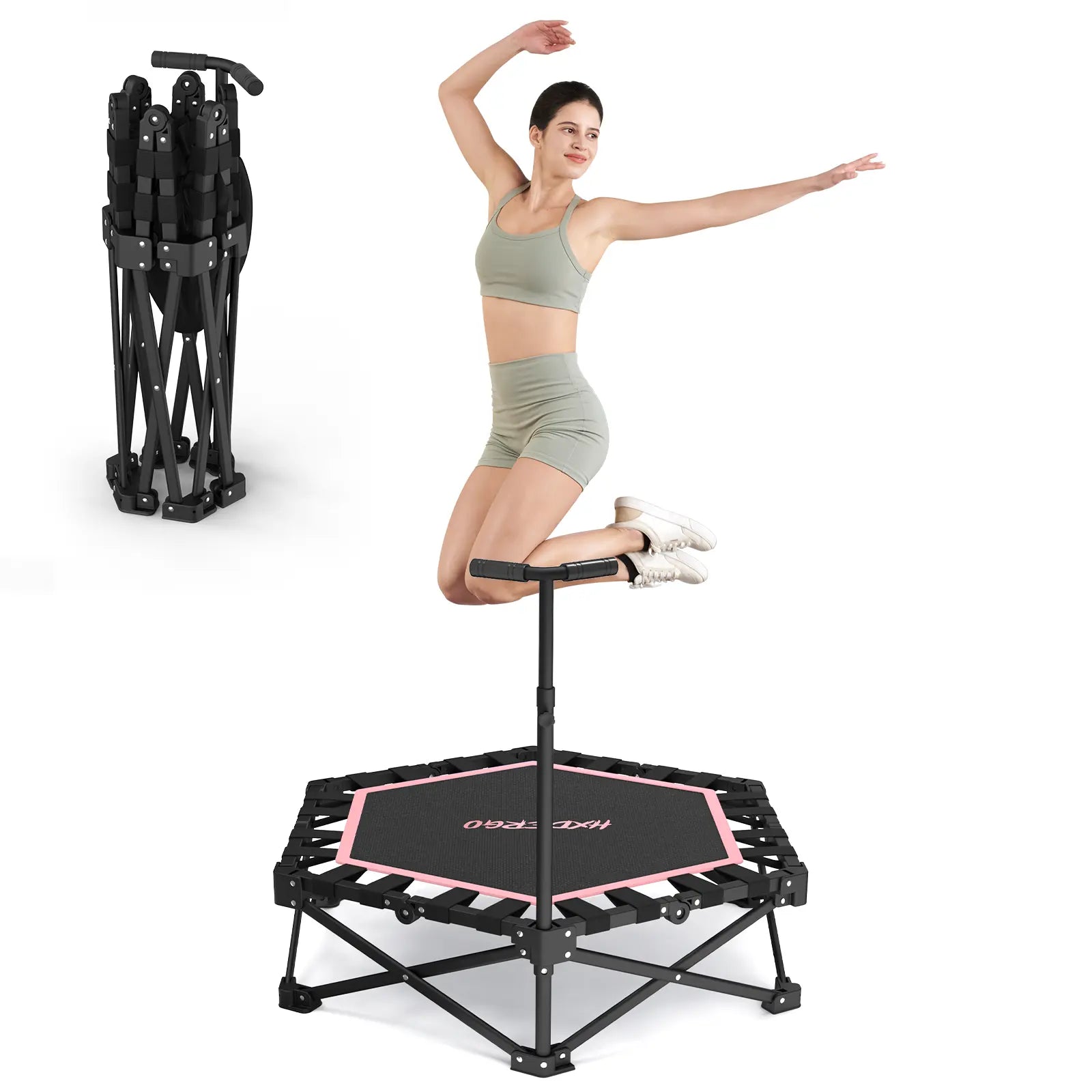HXD-ERGO Mini Trampoline for Adults with Bar Workout Equipment Max Load 460Lbs Easy to Assemble Home Gym Equipment with Adjustable Foam Handle