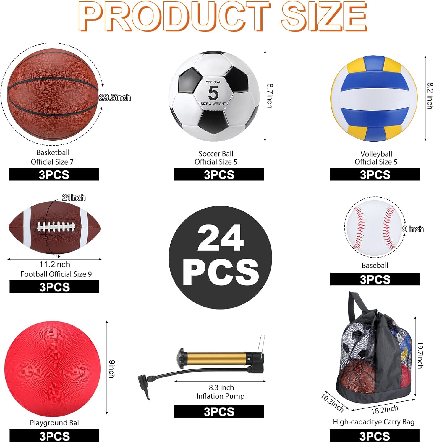 18 Pcs Sport Balls Bulk Set Basketball Football Volleyball Soccer Playground Baseball with Sport Equipment Bag Pump for Adults Gifts Outdoor Indoor