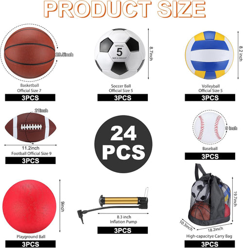 18 Pcs Sport Balls Bulk Set Basketball Football Volleyball Soccer Playground Baseball with Sport Equipment Bag Pump for Adults Gifts Outdoor Indoor