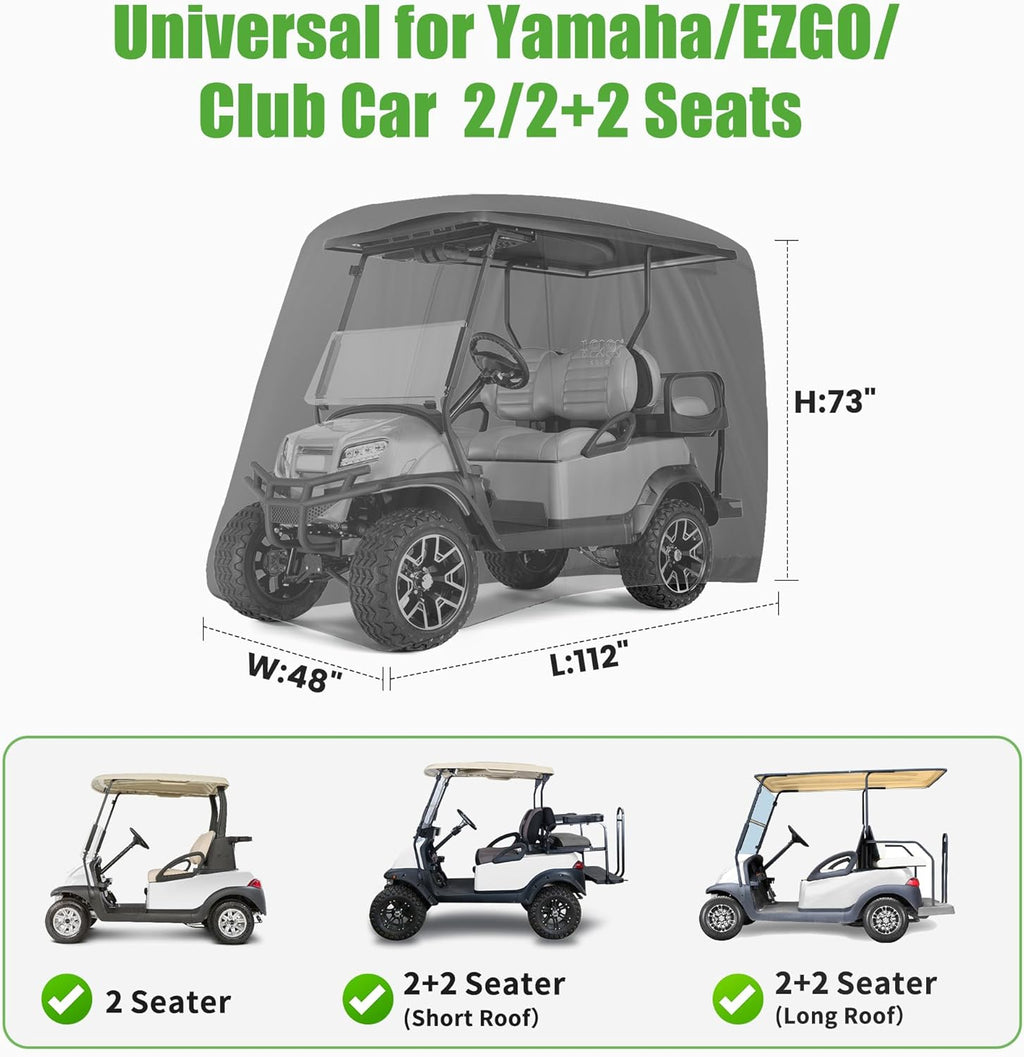 Universal Golf Cart Covers for Yamaha, Club Car, EZGO, Waterproof 2/4 Passenger Heavy Duty Golf Cart Rain Covers with 3 Zipper Doors Extended Roof for Outdoor All-Weather Protection
