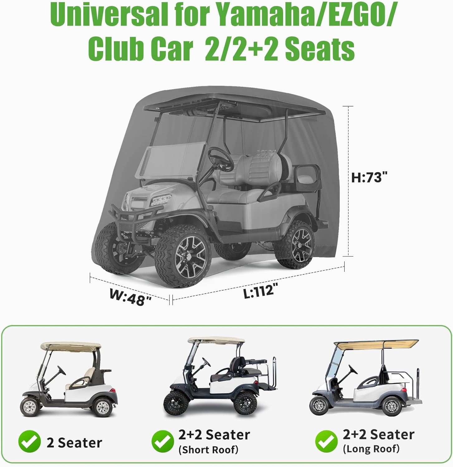Universal Golf Cart Covers for Yamaha, Club Car, EZGO, Waterproof 2/4 Passenger Heavy Duty Golf Cart Rain Covers with 3 Zipper Doors Extended Roof for Outdoor All-Weather Protection
