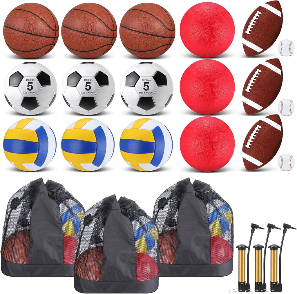 18 Pcs Sport Balls Bulk Set Basketball Football Volleyball Soccer Playground Baseball with Sport Equipment Bag Pump for Adults Gifts Outdoor Indoor