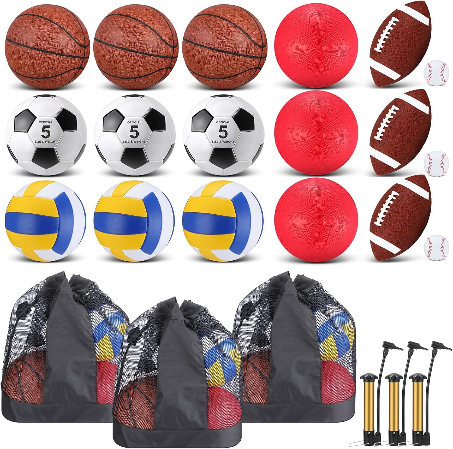 18 Pcs Sport Balls Bulk Set Basketball Football Volleyball Soccer Playground Baseball with Sport Equipment Bag Pump for Adults Gifts Outdoor Indoor