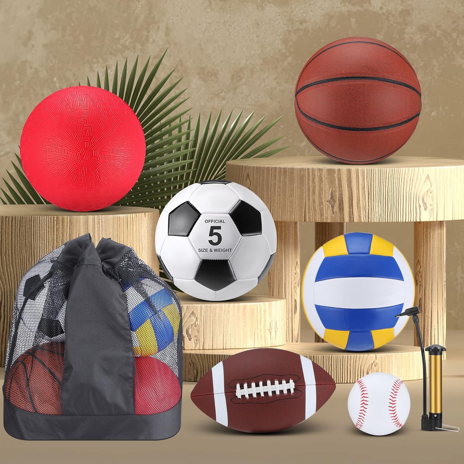 18 Pcs Sport Balls Bulk Set Basketball Football Volleyball Soccer Playground Baseball with Sport Equipment Bag Pump for Adults Gifts Outdoor Indoor