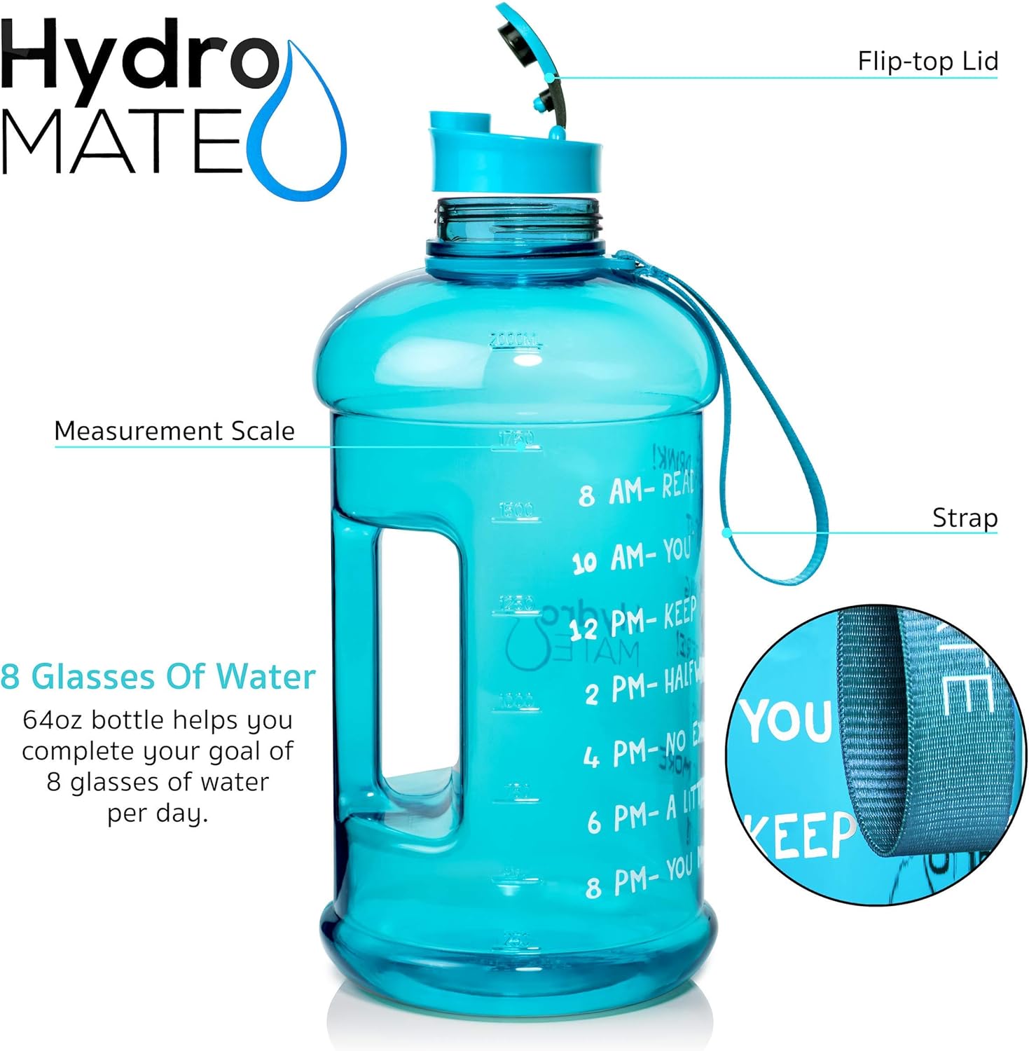 Half Gallon Water Bottle with Times to Drink BPA Free Leak Proof Reusable Jug with Handle 64 Oz