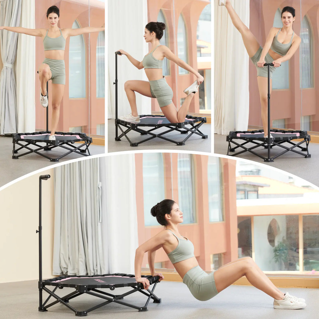 HXD-ERGO Mini Trampoline for Adults with Bar Workout Equipment Max Load 460Lbs Easy to Assemble Home Gym Equipment with Adjustable Foam Handle