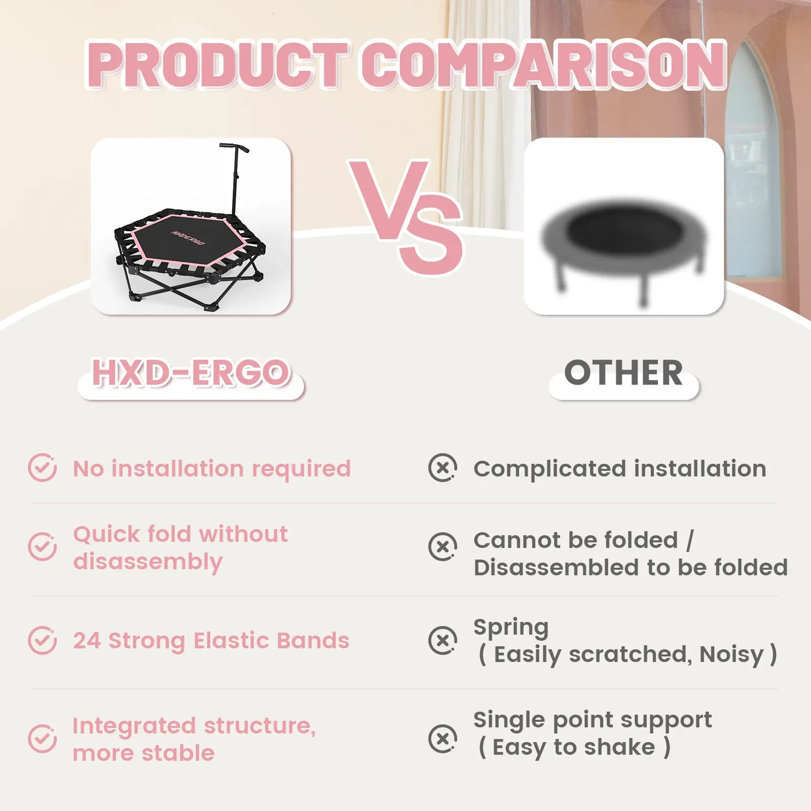 HXD-ERGO Mini Trampoline for Adults with Bar Workout Equipment Max Load 460Lbs Easy to Assemble Home Gym Equipment with Adjustable Foam Handle