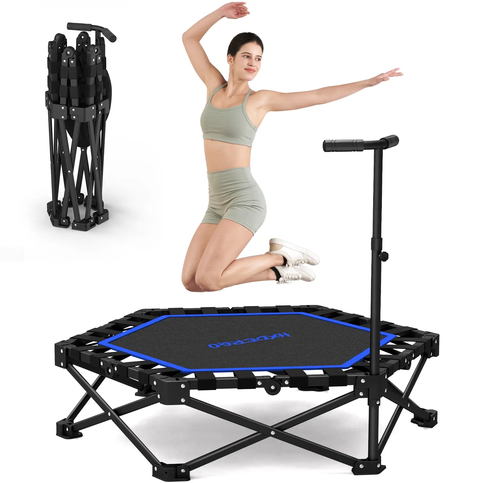 HXD-ERGO Mini Trampoline for Adults with Bar Workout Equipment Max Load 460Lbs Easy to Assemble Home Gym Equipment with Adjustable Foam Handle