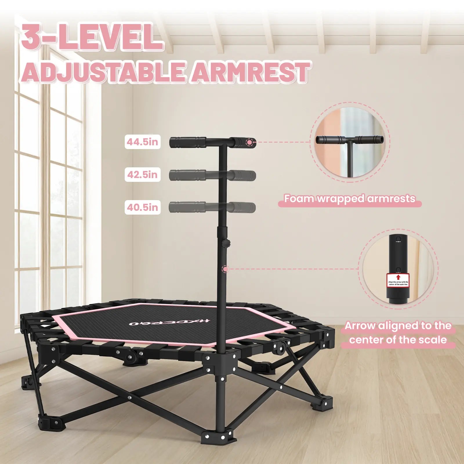 HXD-ERGO Mini Trampoline for Adults with Bar Workout Equipment Max Load 460Lbs Easy to Assemble Home Gym Equipment with Adjustable Foam Handle