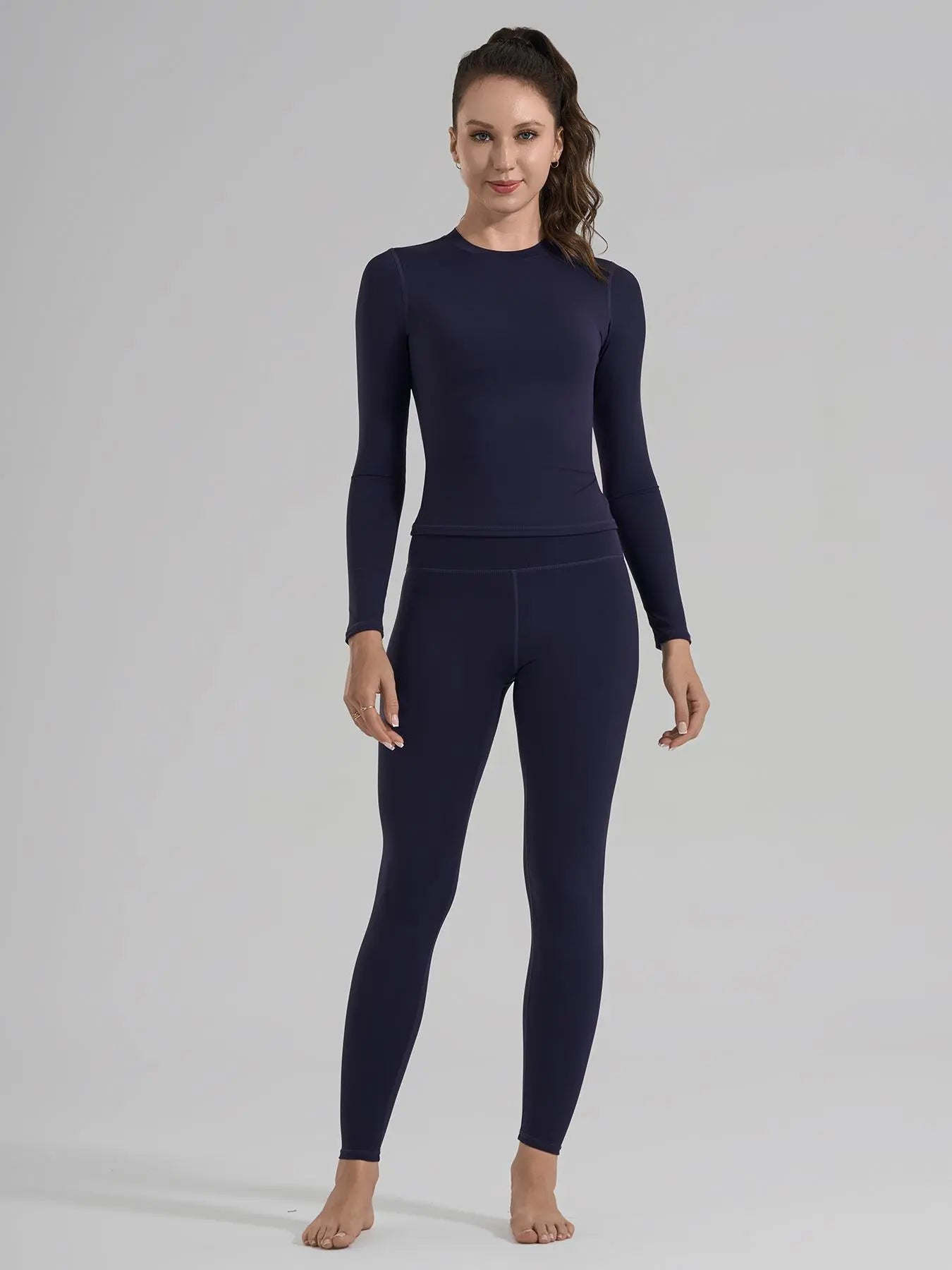 Women'S High-Waisted 25'' Inseam Sporty Leggings Set, Long Sleeve Top & Yoga Pants, Elastic Fabric Comfortable Workout Set, Yoga Gym Outfits, Ideal for Gym & Daily Wear, High Stretch Sporty
